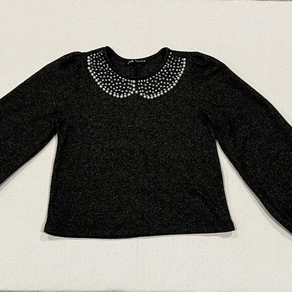 Zara Sweater Dark Gray Knit Pearl Studded Neckline Balloon Sleeves Size Small - Picture 1 of 9